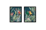 Renkli Papağanlar Ve Botanik Bitkiler İkili Kanvas Tablo | Cam Tablo | Mdf Tablo Seti | B33399 - Görsel 5