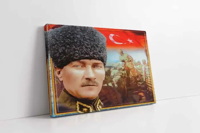 Kalpaklı Atatürk Ve Türk Bayrağı | Kanvas Tablo | Cam Tablo | Mdf Tablo | B01005 - Görsel 1