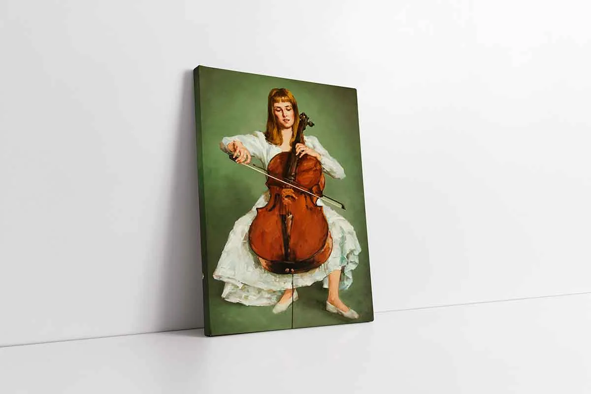 KB11005-10 Çello Çalan Beyaz Giymiş Kadın | Kanvas Tablo | Cam Tablo | Mdf Tablo | B11005 - Görsel 1