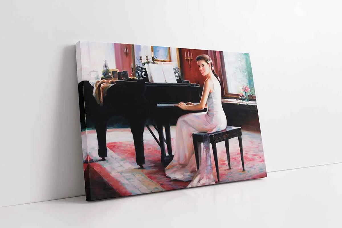 KB11006-10 Beyaz Giymiş Piyano Çalan Kadın | Kanvas Tablo | Cam Tablo | Mdf Tablo | B11006 - Görsel 1
