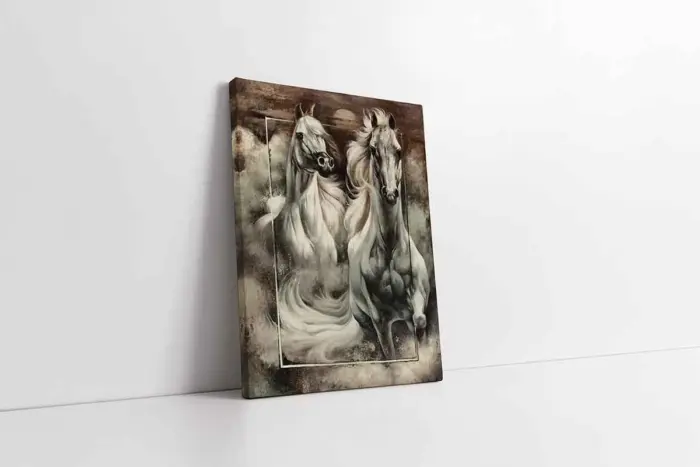 İkili Beyaz At Portre | Kanvas Tablo | Cam Tablo | Mdf Tablo | B15045 - Görsel 1