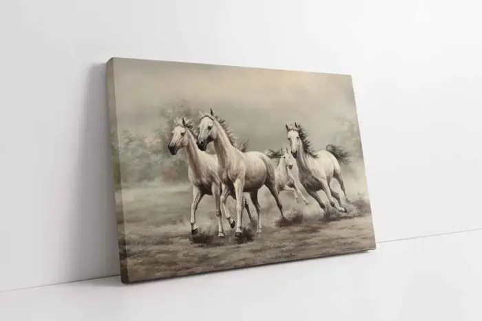 Koşan Dörtlü Beyaz At | Kanvas Tablo | Cam Tablo | Mdf Tablo | B15089 - Görsel 1
