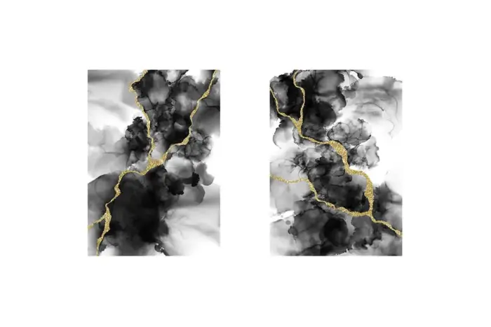 Altın Detaylı Siyah Soyut İkili Kanvas Tablo | Cam Tablo | Mdf Tablo Seti | B33237 - Görsel 1