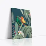 Renkli Papağanlar Ve Botanik Bitkiler İkili Kanvas Tablo | Cam Tablo | Mdf Tablo Seti | B33399