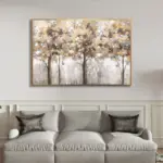 Yağlı Boya Dokulu Tablo Sonbahar Kahverengi Sarı Ağaçlar Altın Çerçeveli