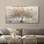 Yağlı Boya Dokulu Tablo Sarı Yapraklı Soyut Ağaç Altın Çerçeveli