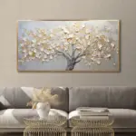 Yağlı Boya Dokulu Tablo Krem Soyut Ağaç Altın Çerçeveli