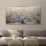 Yağlı Boya Dokulu Tablo Tekli Soyut Ağaç Altın Çerçeveli