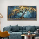 Yağlı Boya Dokulu Tablo Mavi Fonda Tek Sarı Ağaç Altın Çerçeveli