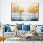 Yağlı Boya Dokulu Tablo Soyut Renkli Ağaçlar Manzara Altın Çerçeveli