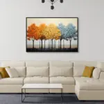 Yağlı Boya Dokulu Tablo Renkli Sonbahar Ağaçları Siyah Çerçeveli