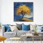 Yağlı Boya Dokulu Tablo Tekli Sarı Ağaç Altın Çerçeveli