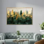 Yağlı Boya Dokulu Tablo Yeşil Soyut Manzara Altın Çerçeveli