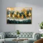 Yağlı Boya Dokulu Tablo Altın Yeşil Ağaçlı Soyut Manzara Altın Çerçeveli