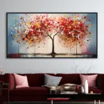 Yağlı Boya Dokulu Tablo Sonbahar Kırmızı Tek Ağaç Siyah Çerçeveli