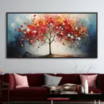 Yağlı Boya Dokulu Tablo Sonbahar Kırmızı Tek Ağaç Siyah Çerçeveli