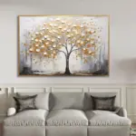 Yağlı Boya Dokulu Tablo Sonbahar Sararmış Tek Ağaç Altın Çerçeveli