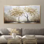 Yağlı Boya Dokulu Tablo Sonbahar Sararmış İkili Ağaç Altın Çerçeveli