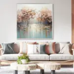 Yağlı Boya Dokulu Tablo Sonbahar Soyut Ağaçlı Manzara Gümüş Çerçeveli