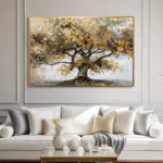 Yağlı Boya Dokulu Tablo Kahverengi Yapraklı Tek Ağaç Altın Çerçeveli