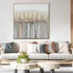 Yağlı Boya Dokulu Tablo Soyut Manzara Ağaçlar Altın Çerçeveli