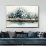 Yağlı Boya Dokulu Tablo Kış Manzara Ağaçlar Altın Çerçeveli