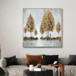 Yağlı Boya Dokulu Tablo Modern Sonbahar Ağaçları Altın Çerçeveli