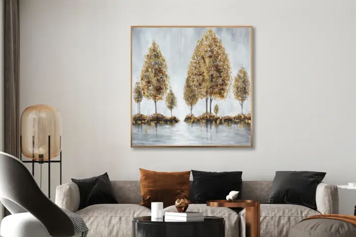 Yağlı Boya Dokulu Tablo Modern Sonbahar Ağaçları Altın Çerçeveli - Görsel 2