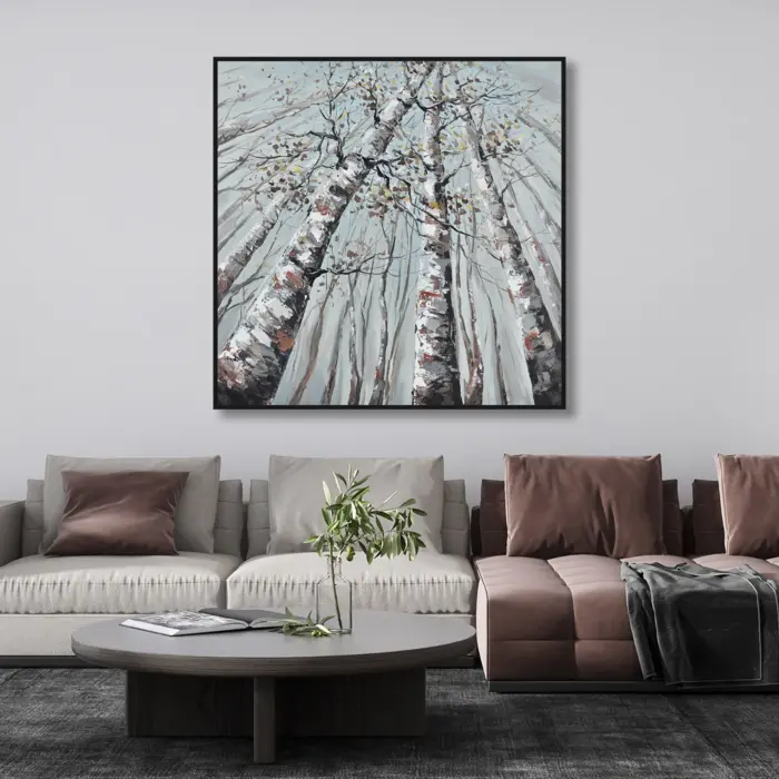 Yağlı Boya Dokulu Tablo Modern Ağaçlar Siyah Çerçeveli - Görsel 1