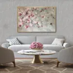 Yağlı Boya Dokulu Tablo Soyut Pembe Çiçekler Altın Çerçeveli