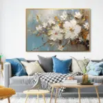 Yağlı Boya Dokulu Tablo Spatula Beyaz Çiçekler Altın Çerçeveli