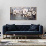 Yağlı Boya Dokulu Tablo Beyaz Çiçekler Altın Çerçeveli