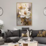 Yağlı Boya Dokulu Tablo Tek Beyaz Papatya Altın Çerçeveli