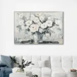 Yağlı Boya Dokulu Tablo Vazoda Beyaz Çiçekler Gümüş Çerçeveli