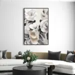 Yağlı Boya Dokulu Tablo Modern Beyaz Çiçekler Siyah Çerçeveli