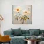 Yağlı Boya Dokulu Tablo Spatula Modern Çiçekler Altın Çerçeveli