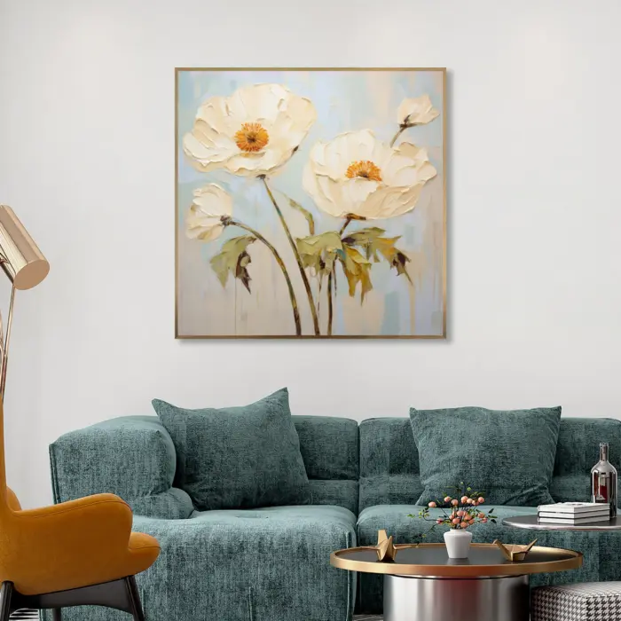Yağlı Boya Dokulu Tablo Spatula Modern Çiçekler Altın Çerçeveli - Görsel 1