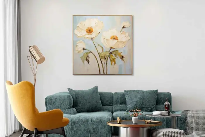 Yağlı Boya Dokulu Tablo Spatula Modern Çiçekler Altın Çerçeveli - Görsel 2
