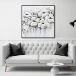 Yağlı Boya Dokulu Tablo Soyut Beyaz Çiçekler Siyah Çerçeveli