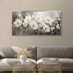 Yağlı Boya Dokulu Tablo Dalda Beyaz Papatyalar Altın Çerçeveli