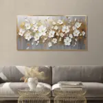 Yağlı Boya Dokulu Tablo Spatula Beyaz Papatyalar Altın Çerçeveli