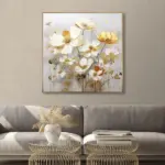 Yağlı Boya Dokulu Tablo Modern Papatyalar Altın Çerçeveli