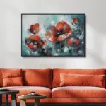 Yağlı Boya Dokulu Tablo Modern Kırmızı Gelincikler Siyah Çerçeveli