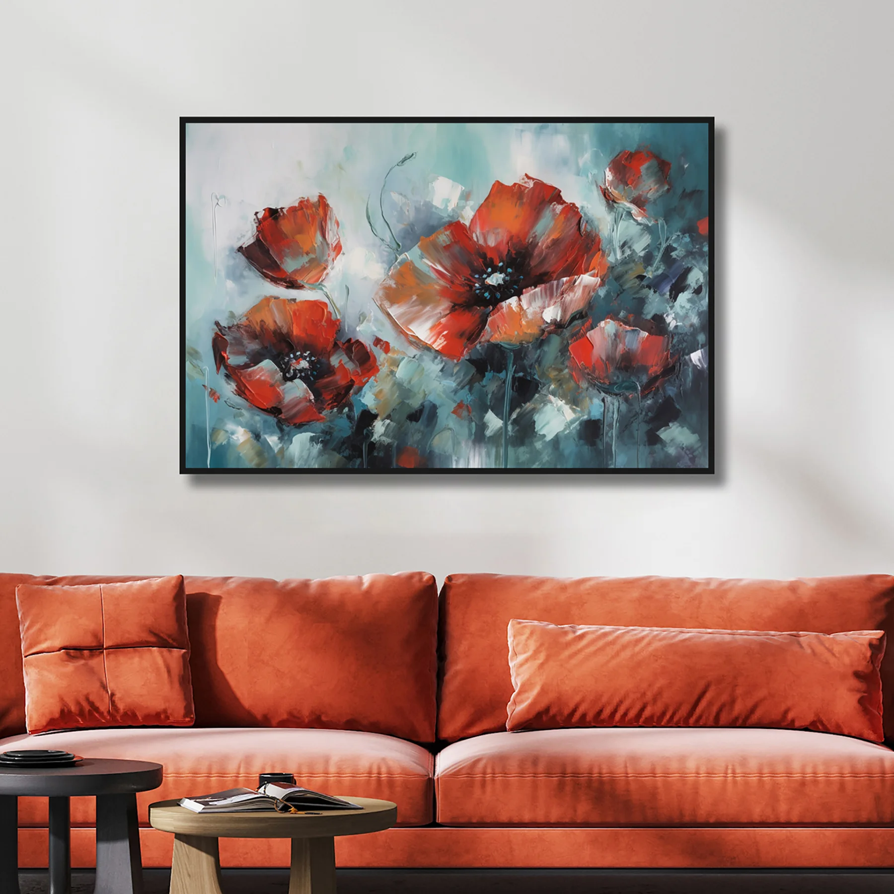 U02016-01 Yağlı Boya Dokulu Tablo Modern Kırmızı Gelincikler Siyah Çerçeveli - Görsel 1