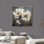 Yağlı Boya Dokulu Tablo Beyaz Çiçekler Altın Çerçeveli