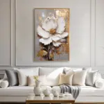 Yağlı Boya Dokulu Tablo Modern Tek Beyaz Çiçek Altın Çerçeveli
