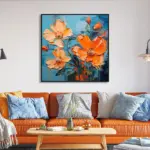 Yağlı Boya Dokulu Tablo Spatula Turuncu Çiçekler Siyah Çerçeveli