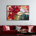 Yağlı Boya Dokulu Tablo Modern Renkli Çiçekler Siyah Çerçeveli