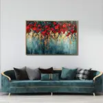 Yağlı Boya Dokulu Tablo Soyut Kırmızı Çiçekler Altın Çerçeveli