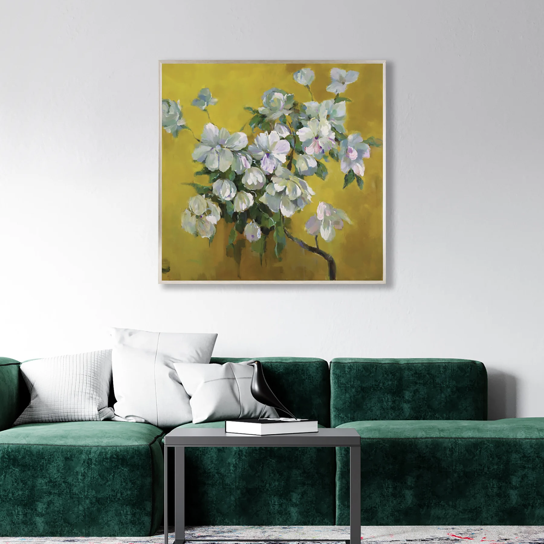 U02024-01 Yağlı Boya Dokulu Tablo Dalda Modern Bahar Çiçekleri Gümüş Çerçeveli - Görsel 1